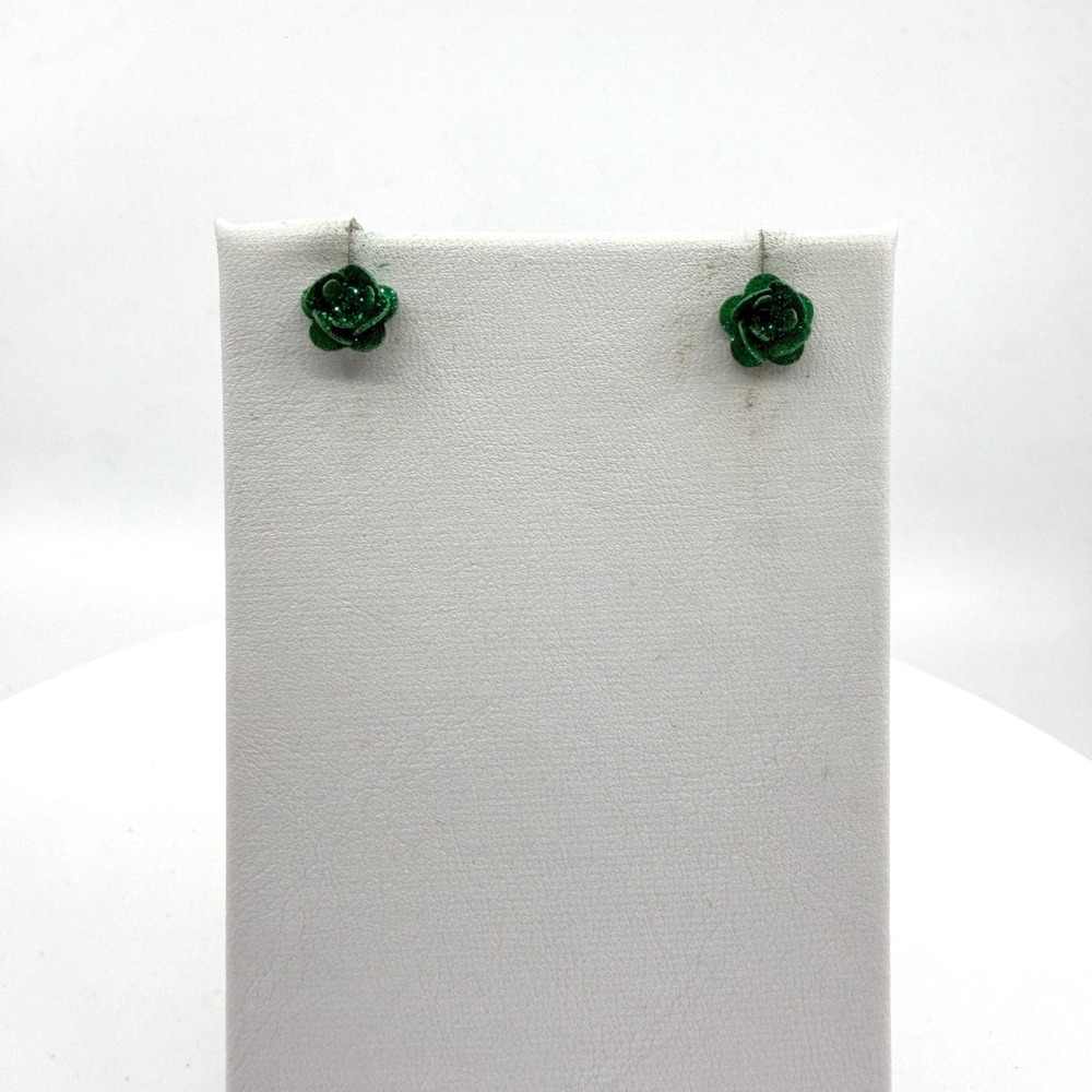 Glitter Rose Stud Earrings Green Floral Statement Sparkle Boho Holiday Jewelry